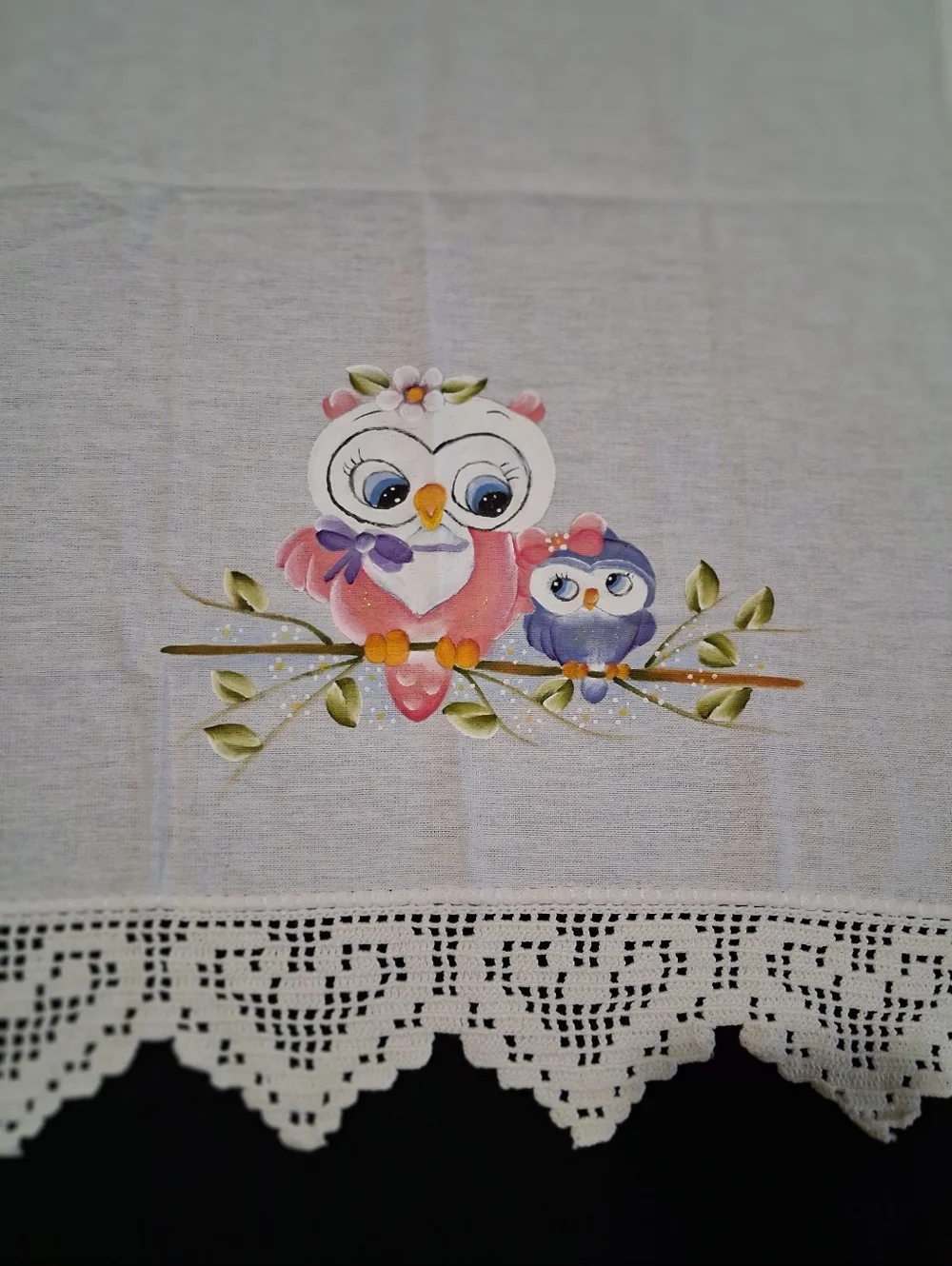 Painted Owl Tea Towel with Crochet Edge - White - Picture 2 of 4